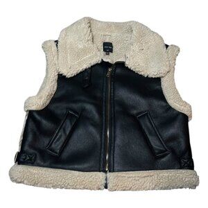 Love Tree Women’s L Faux Leather Sherpa Vest Black Cream Shearling Moto Winter